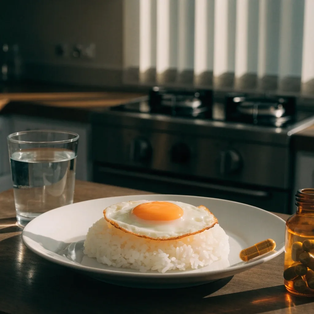 A morning breakfast counter with a plate, a glass of water and an open jar of capsules beside it