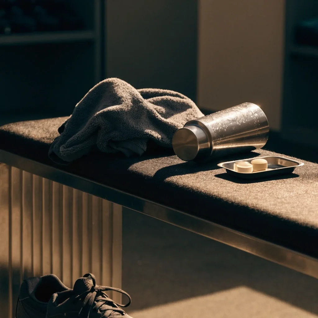 A steel shaker and a small tray of capsules on a bench after a training session