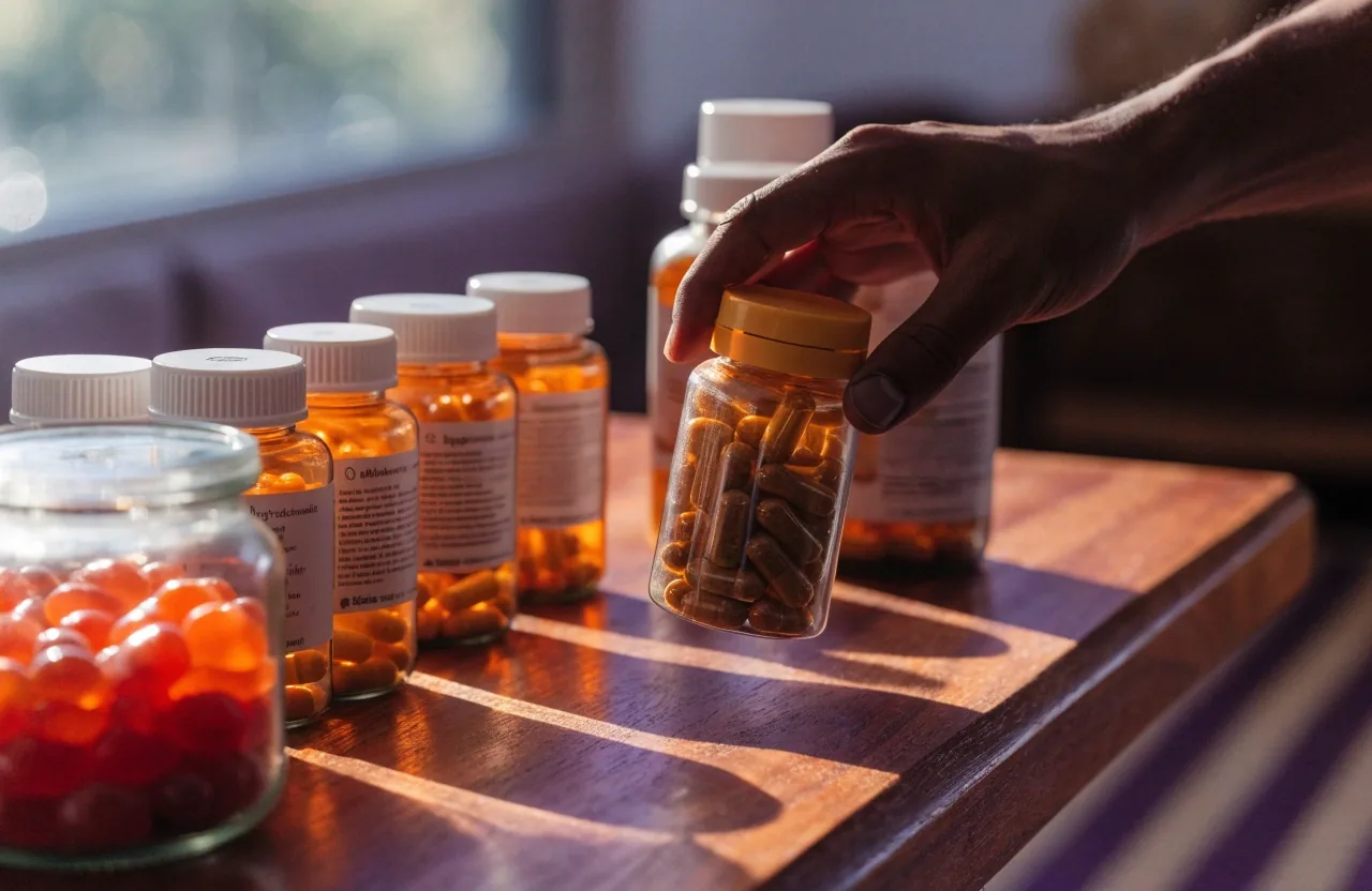 Capsules counted onto a steel tray beside a glass of water on a matte counter