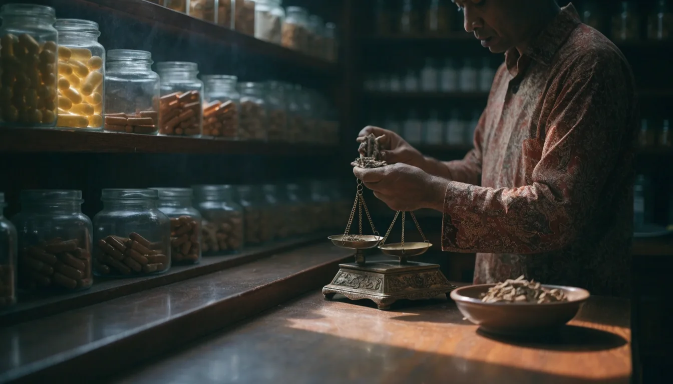 Glass case of amber capsules on a warm Jakarta supplement counter at morning