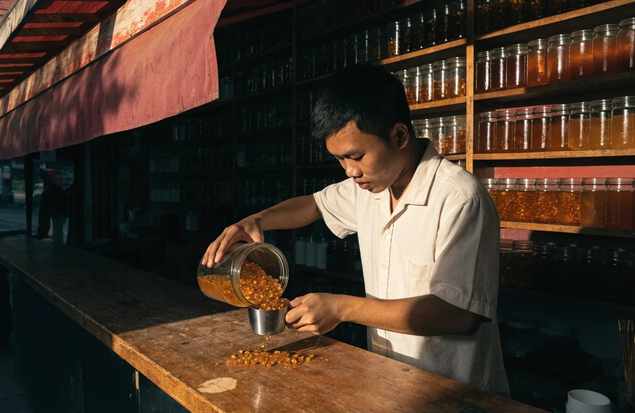 Matte supplement counter running into a shaded interior under a plum awning edge