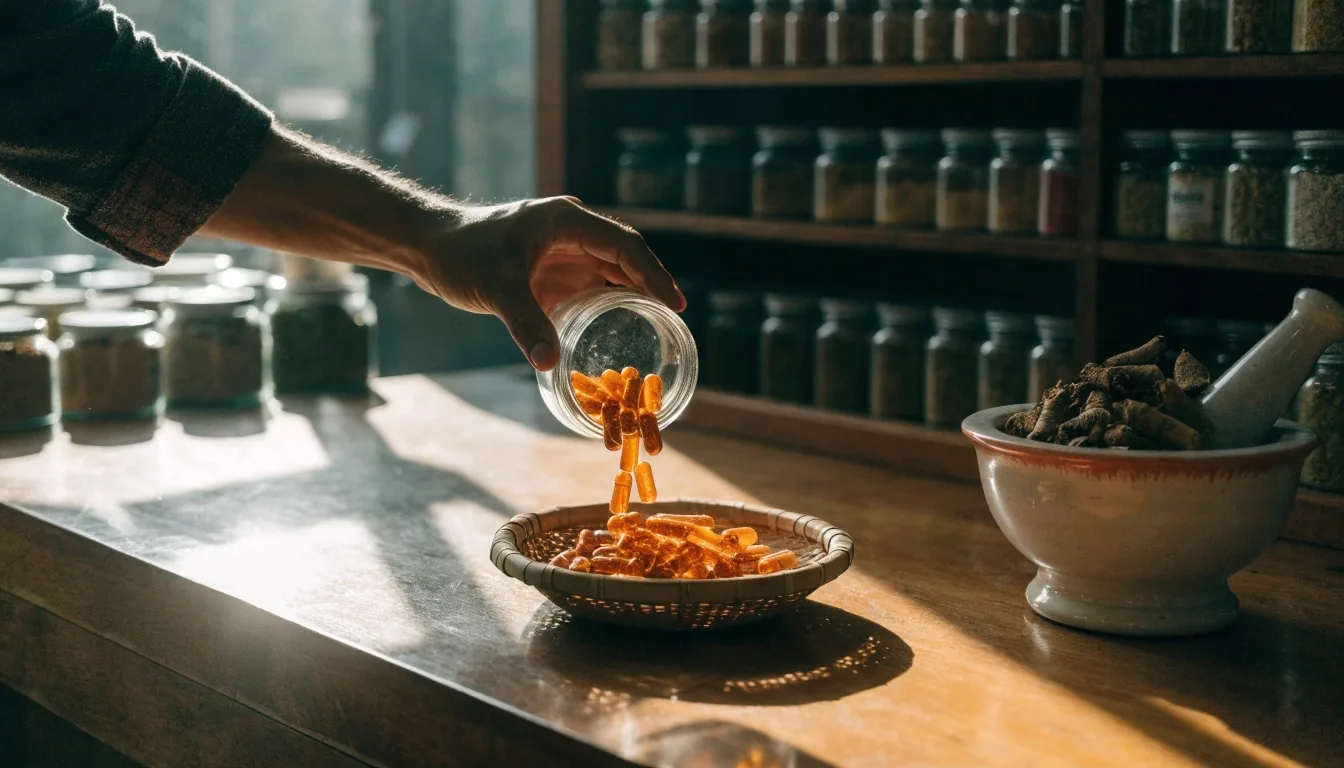 A matte counter tray with a glass jar of amber capsules, a steel scoop and dried roots under warm side light